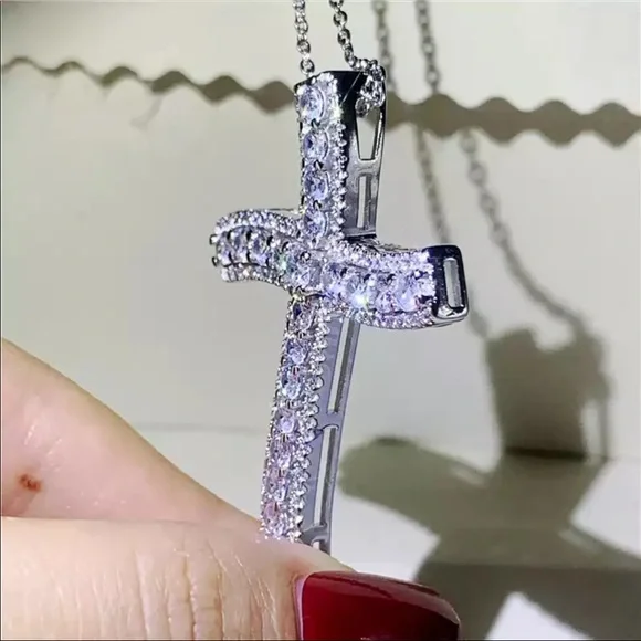 New Men Women 925 Silver Big Diamond Pendant Cross Necklace - Picture 4 of 6
